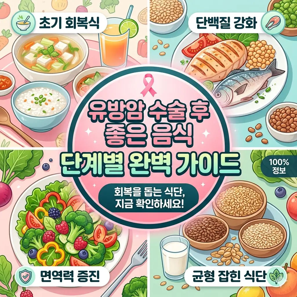 유방암 수술후 좋은 음식 단계별 완벽 가이드 1 유방암 수술후 좋은 음식 리스트와 단계별 식단 관리 방법을 설명하는 건강 정보 이미지