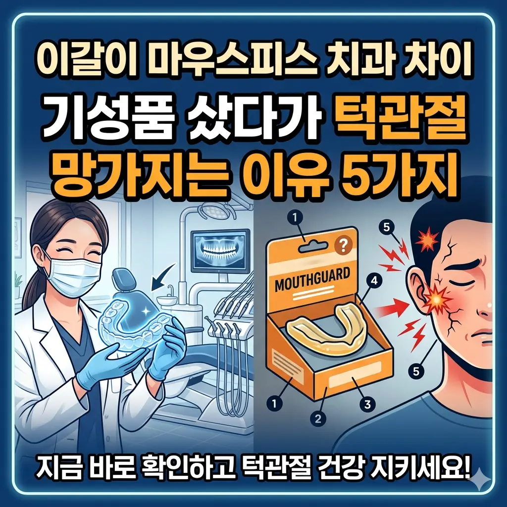 이갈이 마우스피스 치과 차이와 기성품 사용 시 발생할 수 있는 턱관절 부작용을 경고하는 비교 이미지