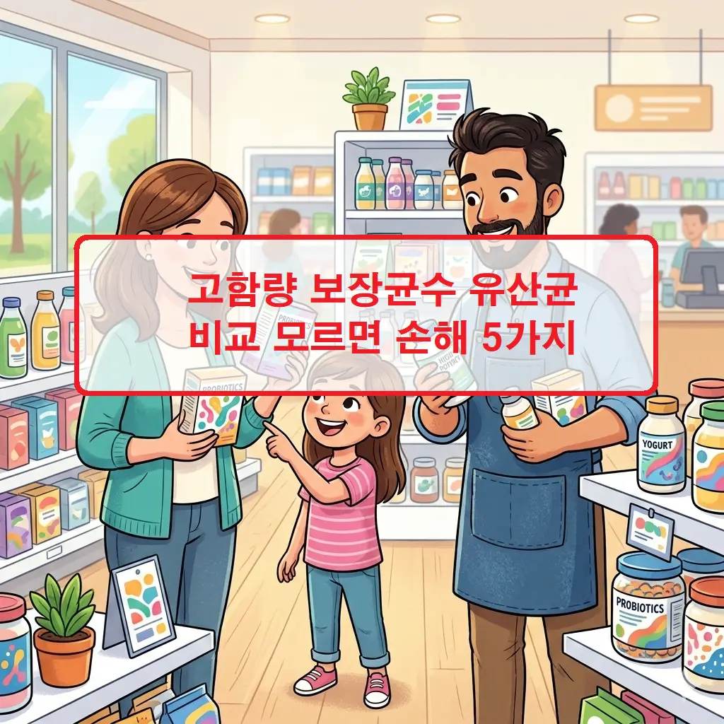 다양한 브랜드의 고함량 보장균수 유산균 제품 성분표와 보장균 수치를 비교하는 이미지