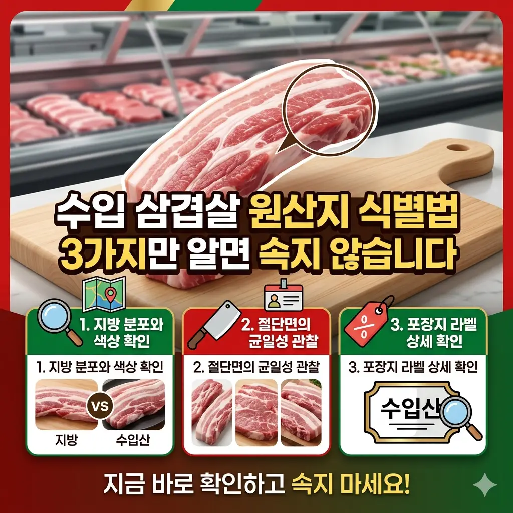 국산과 비교하여 수입 삼겹살 원산지 식별법을 보여주는 고기 단면 육안 확인 이미지