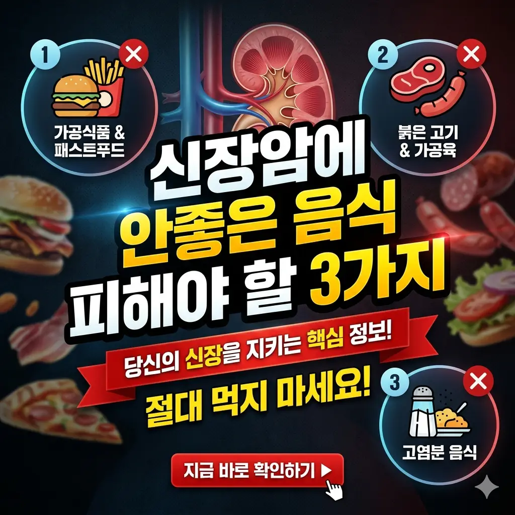 신장암에 안좋은 음식 3가지를 시각적으로 정리한 건강 정보 썸네일
