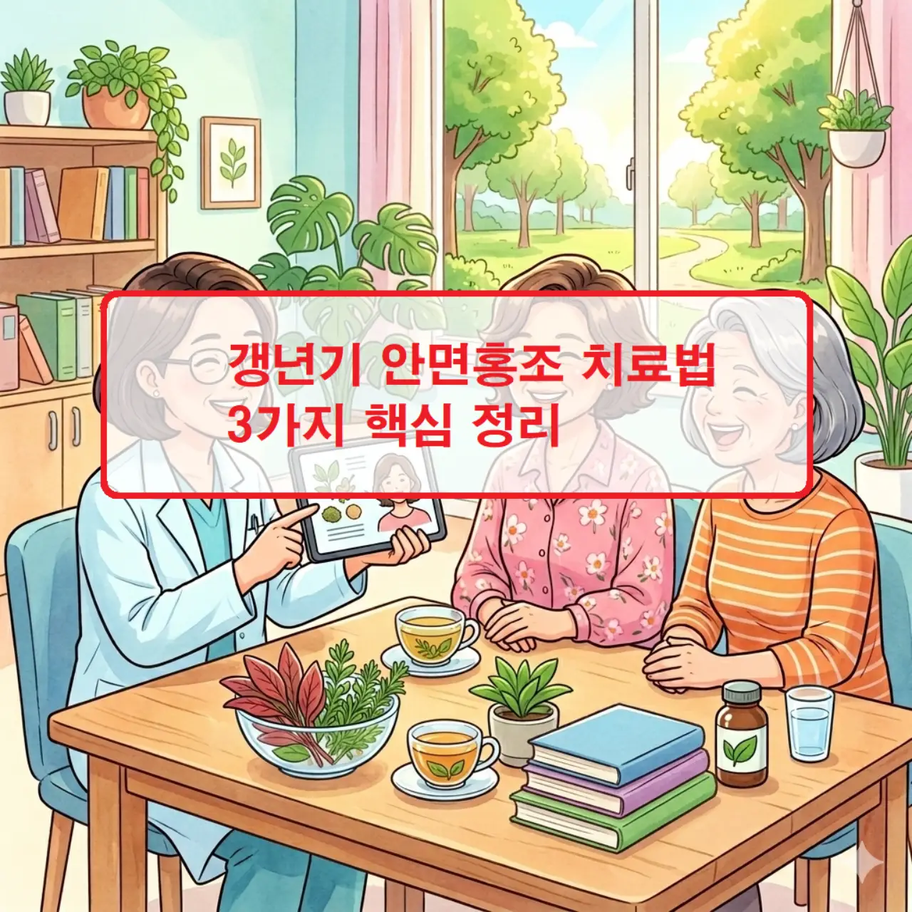 호르몬 요법과 생활 습관 개선 등 갱년기 안면홍조 치료법 3가지 핵심 방안을 정리한 건강 가이드 이미지