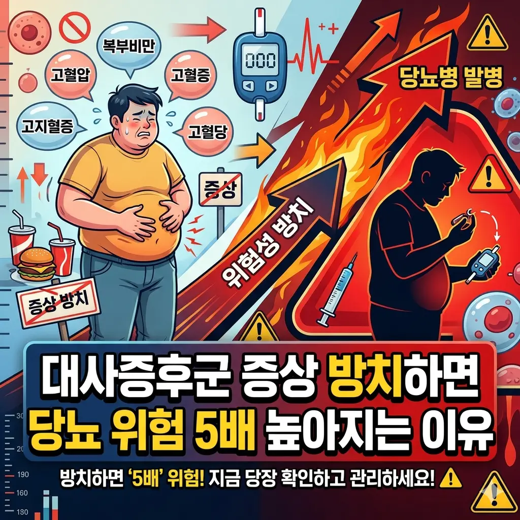 대사증후군 증상을 방치했을 때 당뇨 위험이 5배 높아지는 이유를 설명하는 건강 경고 썸네일