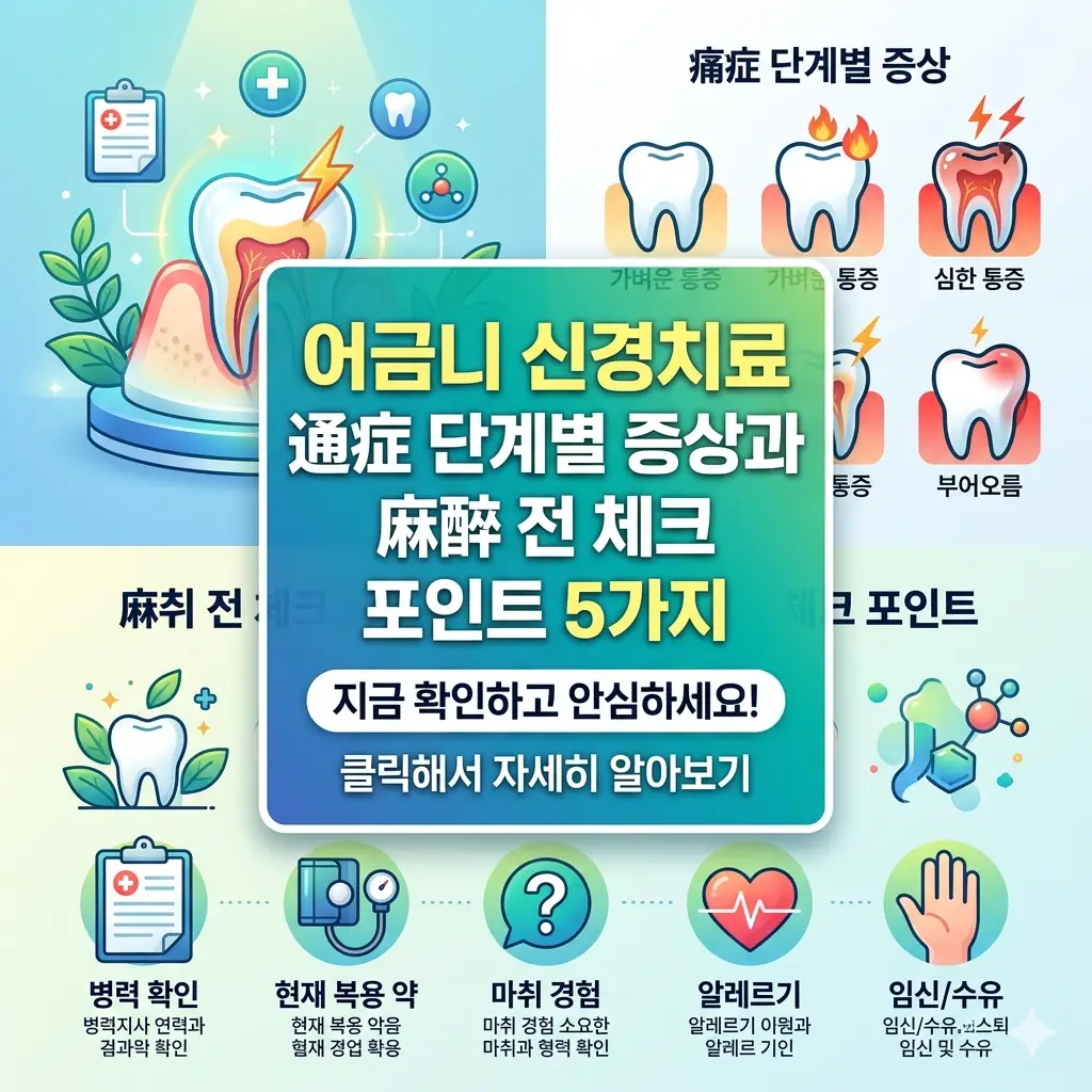 어금니 신경치료 통증 단계별 증상과 마취 전 주의사항을 정리한 치과 정보 안내 이미지