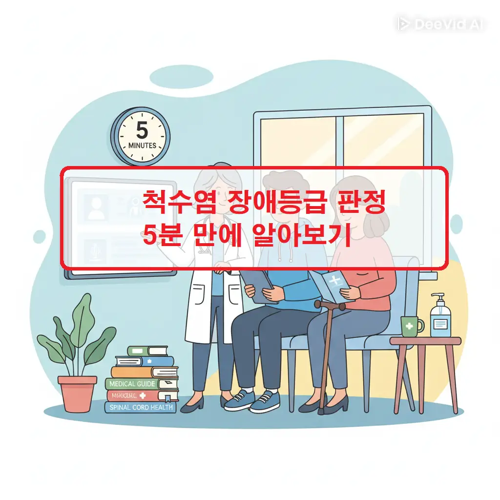 척수염 장애등급 판정 기준인 근력 등급(MMT)과 보행 가능 여부를 시각화한 단계별 안내 이미지