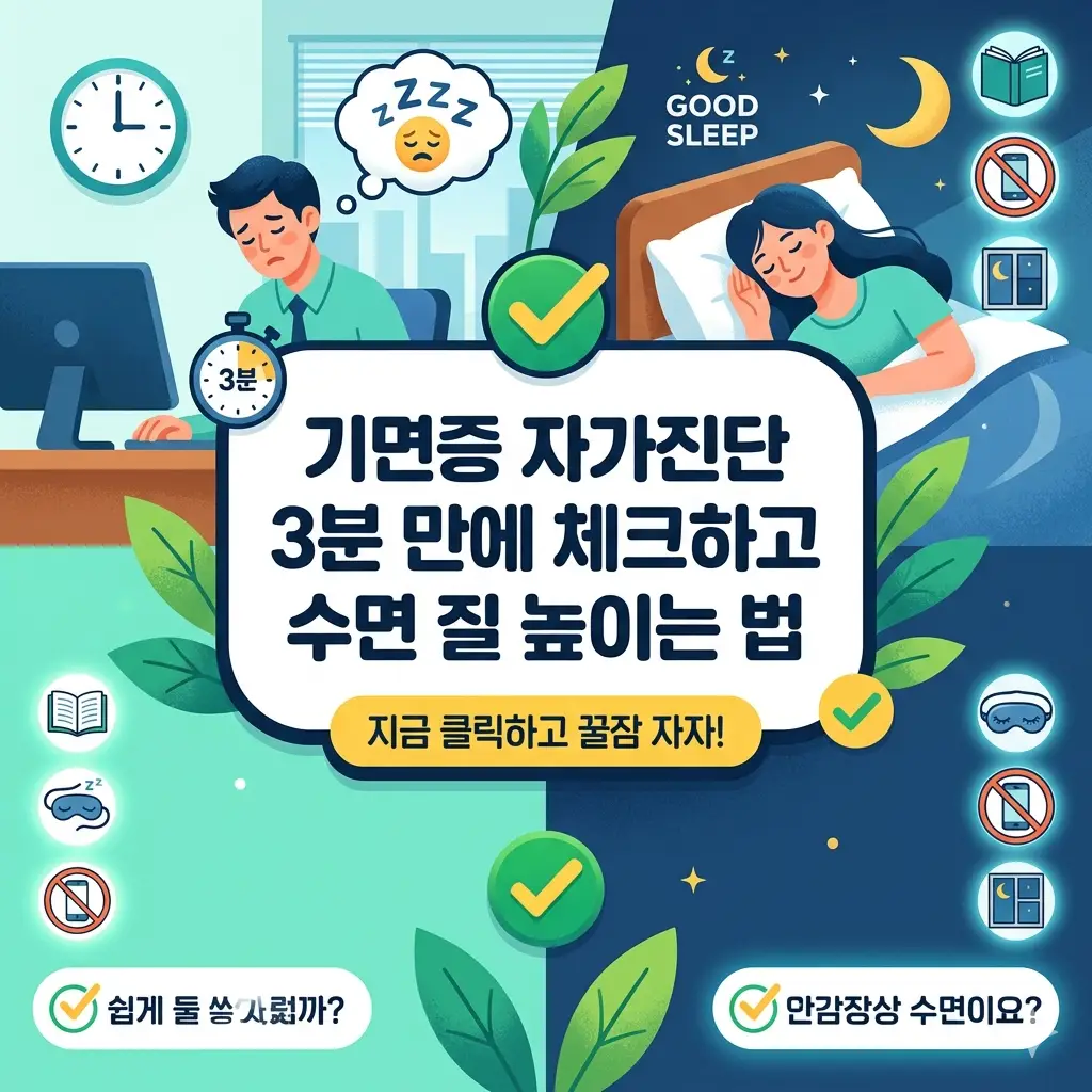 기면증 자가진단 체크리스트를 통해 수면의 질을 확인하고 증상을 파악하는 정보성 이미지