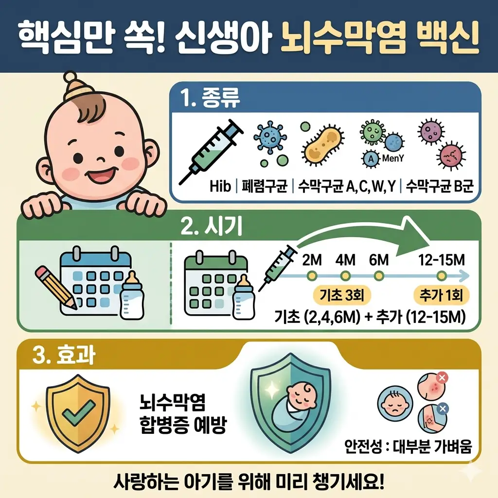 신생아 뇌수막염 예방접종 3가지 핵심 정보를 안내하는 건강 정보 인포그래픽 이미지