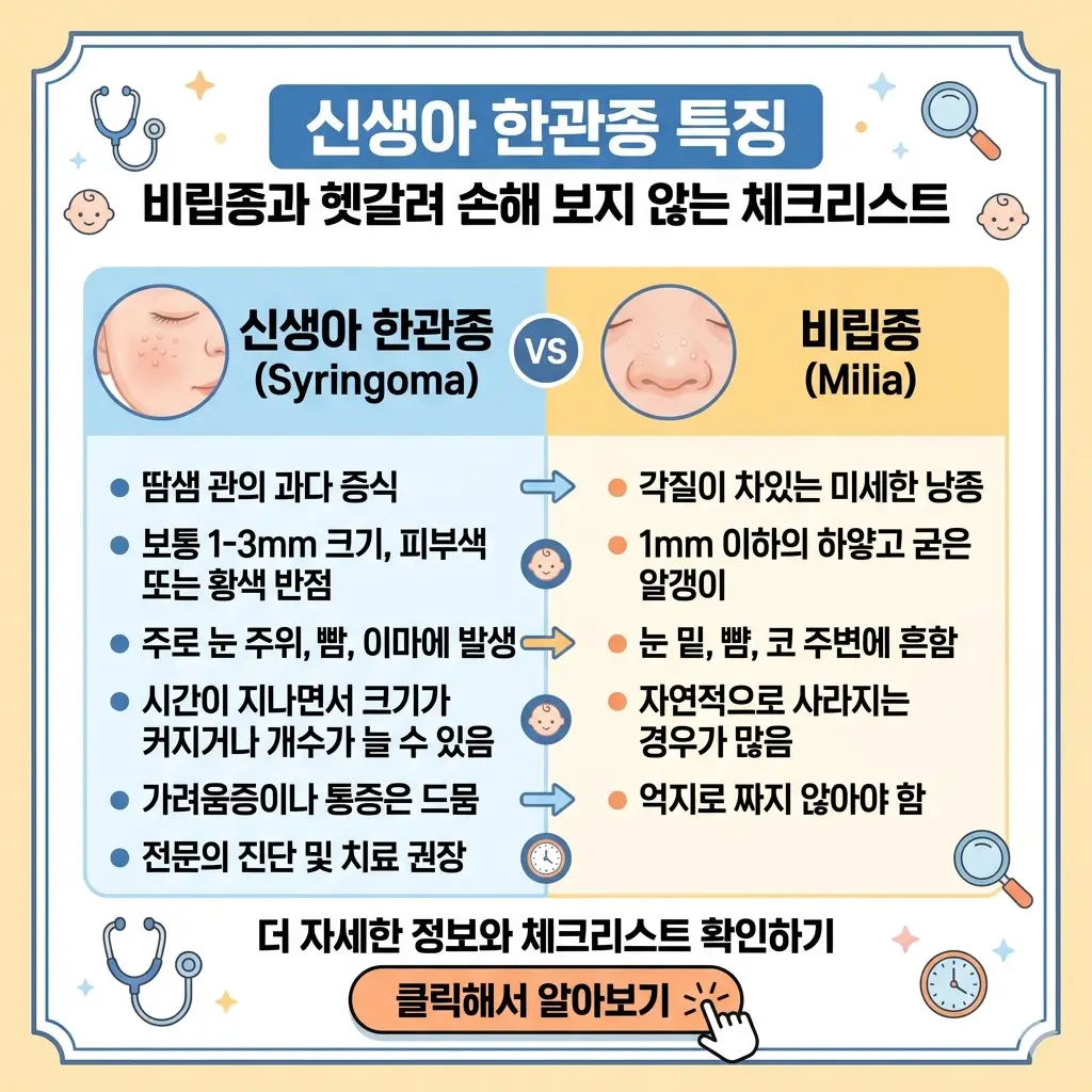 신생아 한관종 특징을 비립종 증상과 비교하여 구분하는 방법을 보여주는 교육용 이미지