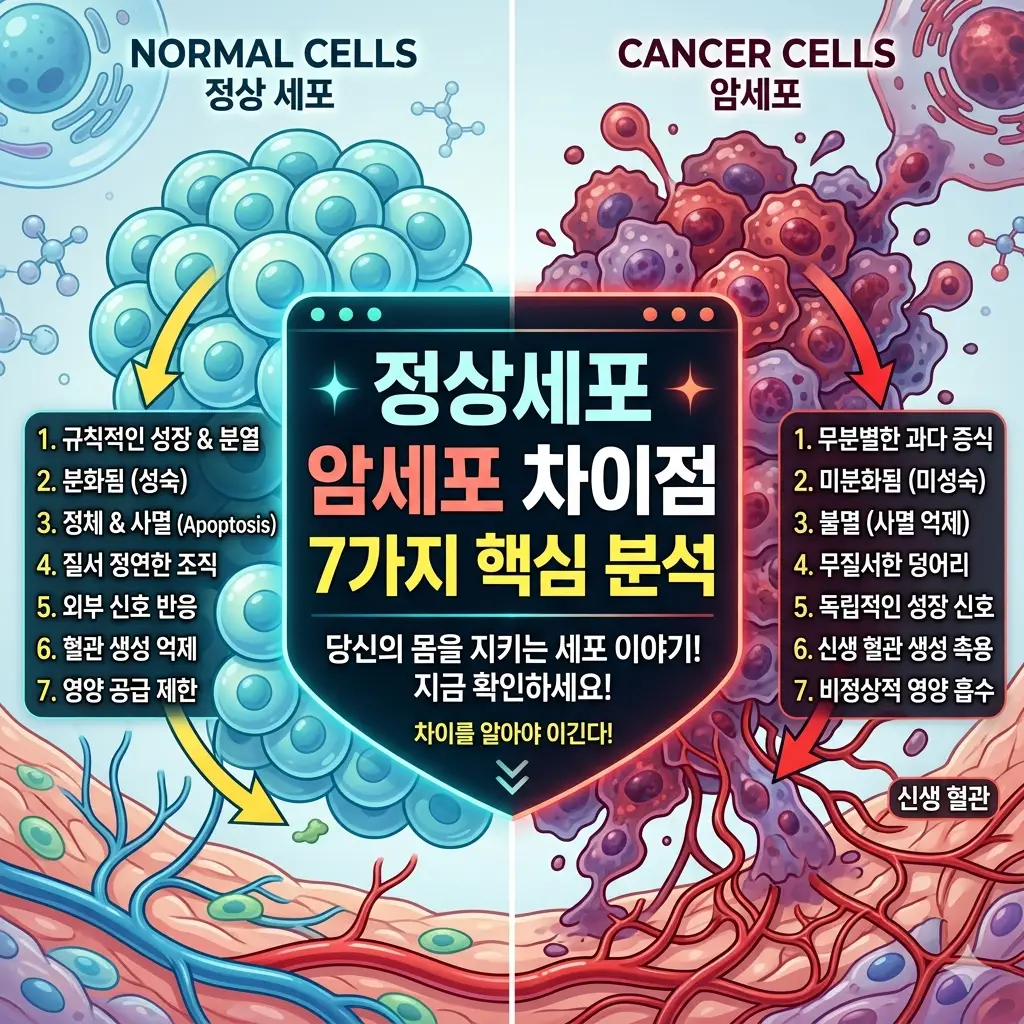 정상세포 암세포 차이점 7가지를 핵심 항목별로 비교 분석한 암 예방 건강 정보 썸네일