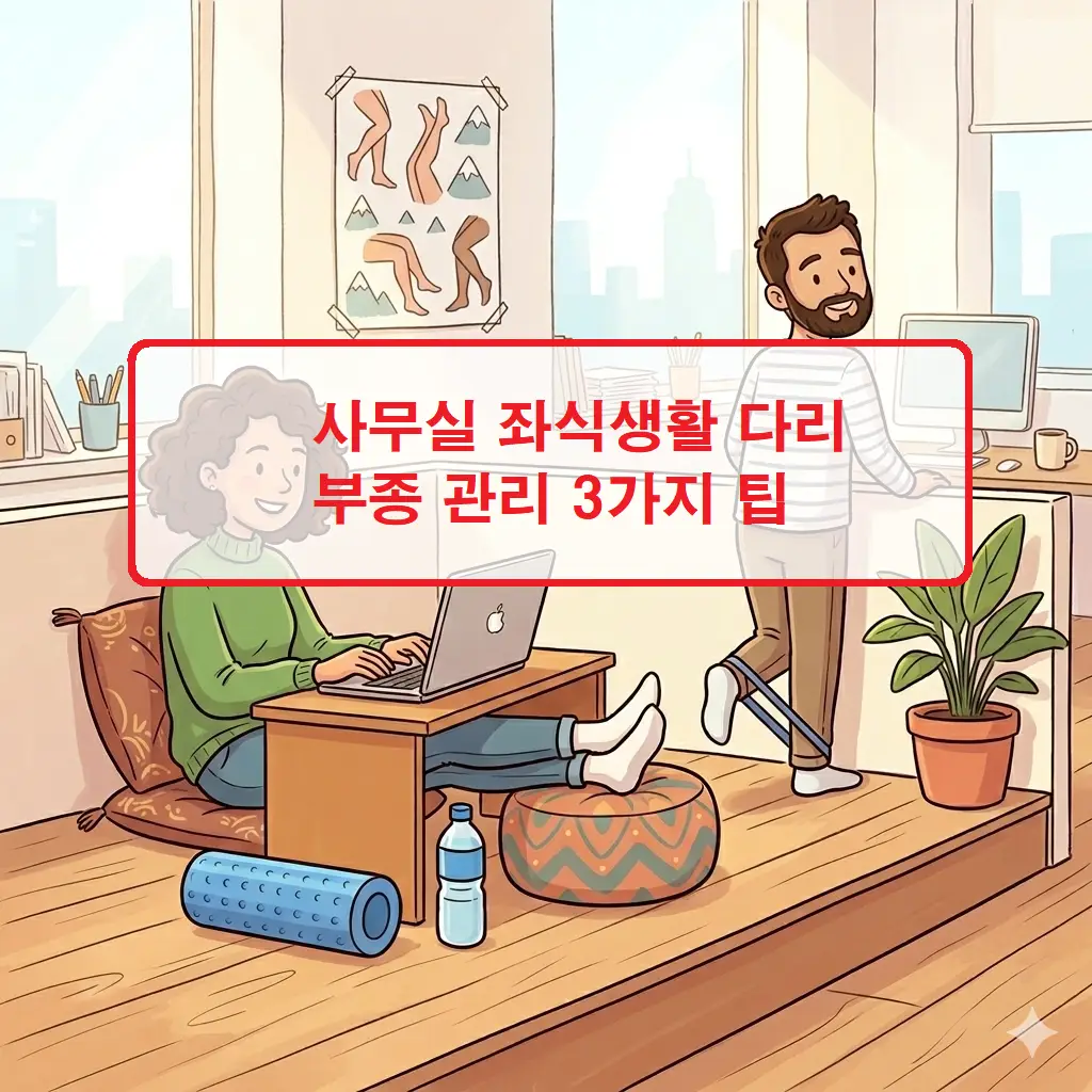 사무실 좌식생활 다리 부종 증상을 완화하기 위해 책상 밑에서 스트레칭하는 모습