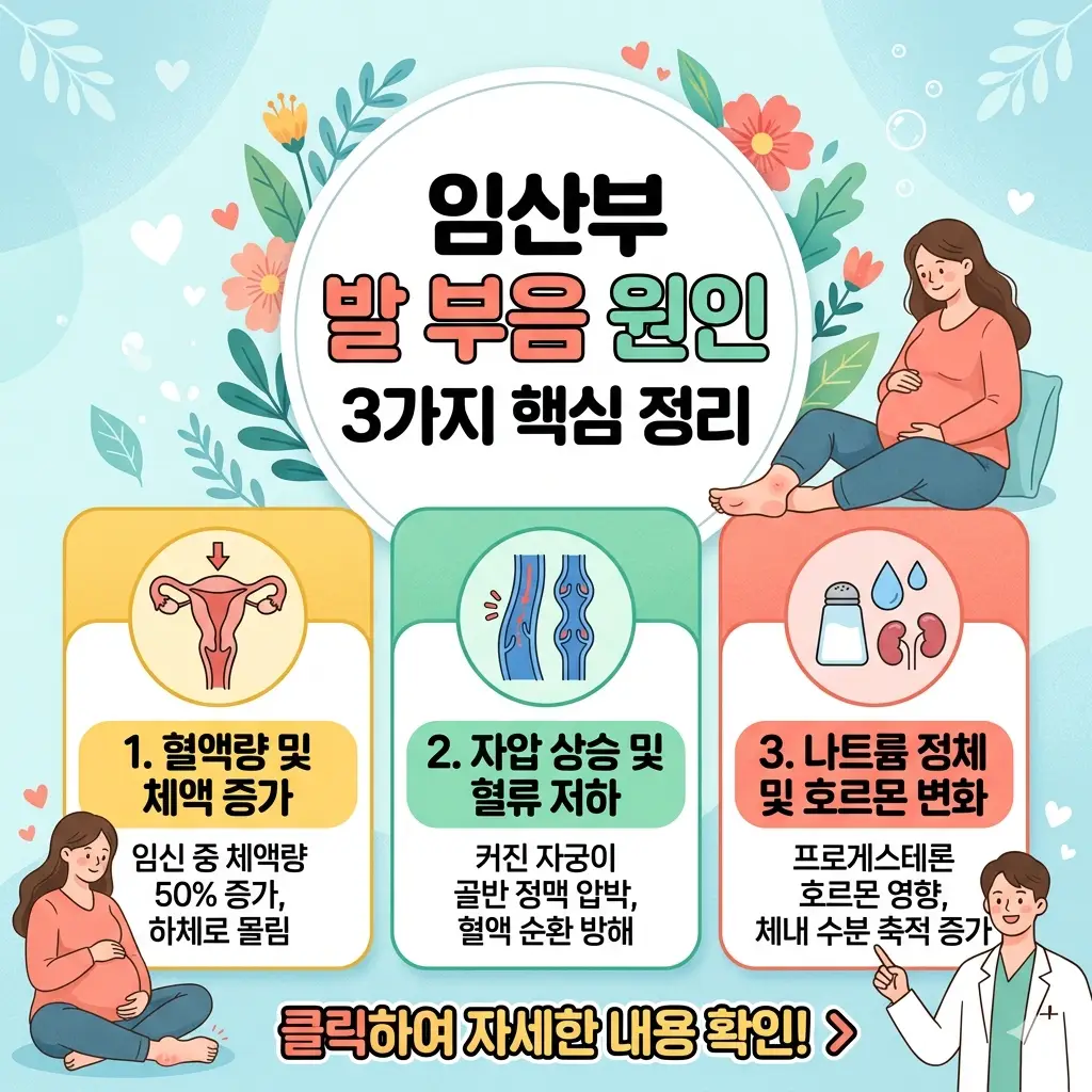 임산부 발 부음 원인 3가지 핵심 정리 1 임산부 발 부음 원인 3가지를 인포그래픽 형태로 정리하여 설명하는 건강 정보 이미지