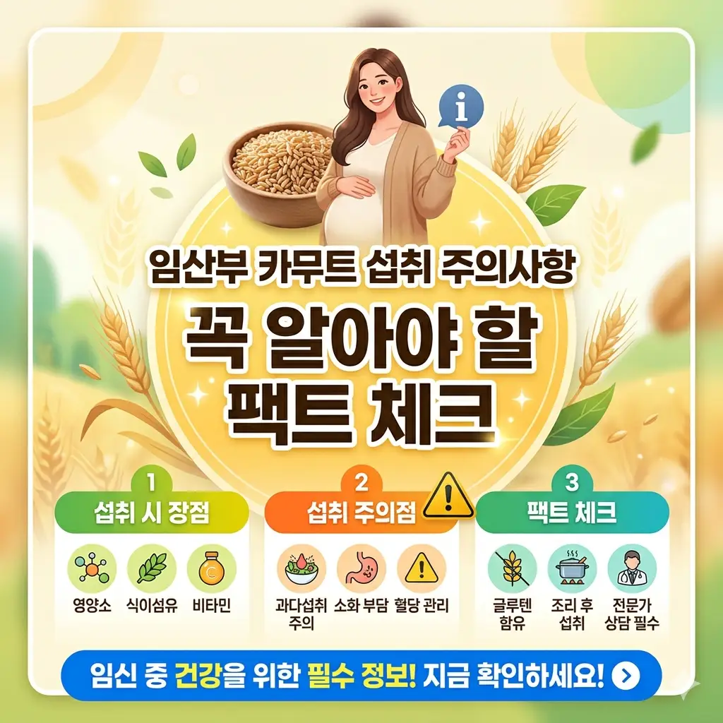 임산부 카무트 섭취 주의사항을 팩트 체크 형식으로 정리한 임신 중 영양 건강 정보 썸네일