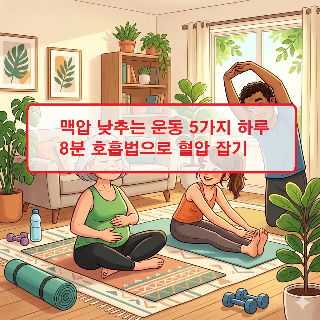 맥압 낮추는 운동 5가지 하루 8분 호흡법으로 혈압 잡기 1 수축기와 이완기 혈압 차이를 줄여주는 맥압 낮추는 운동 5가지와 8분 호흡법을 설명하는 건강 가이드 이미지
