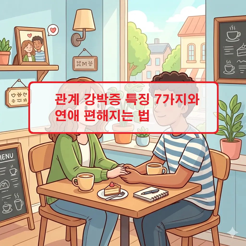 연인 관계에서 불안감을 느끼며 상대의 반응에 과도하게 집착하는 관계 강박증 특징을 묘사한 일러스트