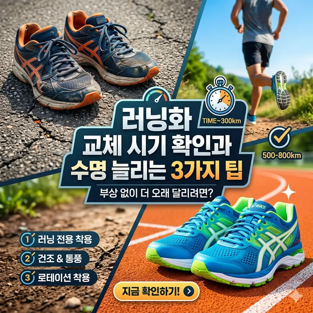 러닝화 교체 시기 확인 방법과 밑창 마모 상태를 보여주는 러닝화 비교 이미지