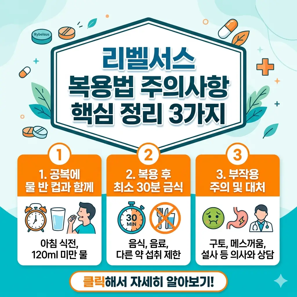 리벨서스 복용법 주의사항을 준수하여 올바르게 알약을 섭취하는 모습을 나타낸 안내 이미지