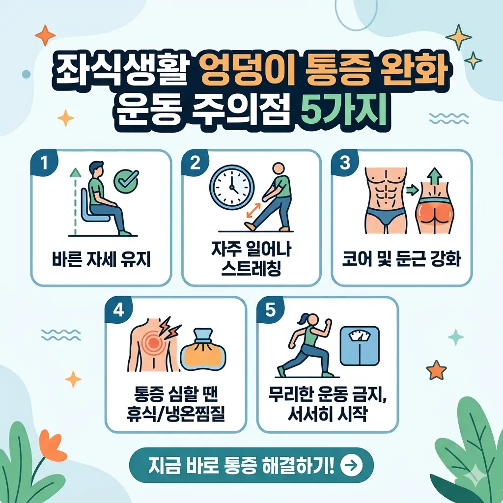 좌식생활 엉덩이 통증 완화를 위한 운동 동작과 주의점을 안내하는 건강 정보 썸네일
