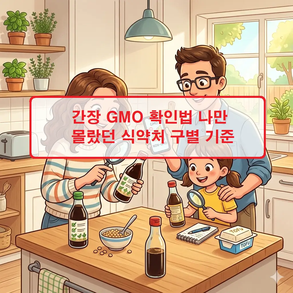 식약처 기준에 따른 간장 GMO 확인법과 유전자 변형 식품 표시 유무를 비교한 안내 이미지