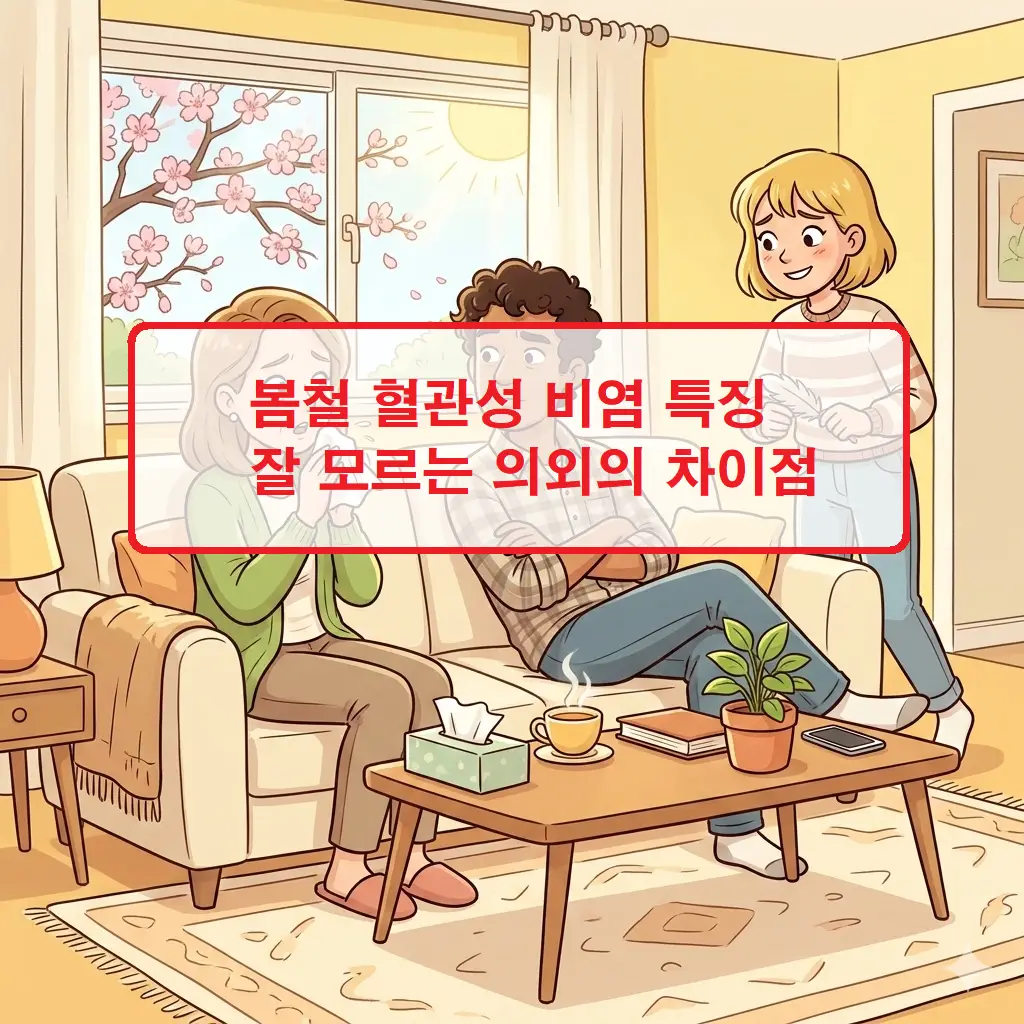 봄철 혈관성 비염 특징 잘 모르는 의외의 차이점 1 꽃가루 알레르기와 구분되는 봄철 혈관성 비염 특징인 온도 변화 및 자극에 의한 콧물 증상을 비교한 안내 이미지