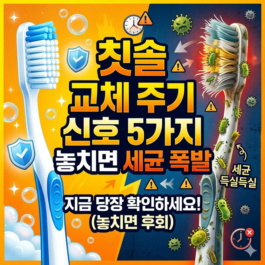 마모된 칫솔모와 정상 칫솔모를 비교하며 칫솔 교체 주기 신호를 설명하는 이미지