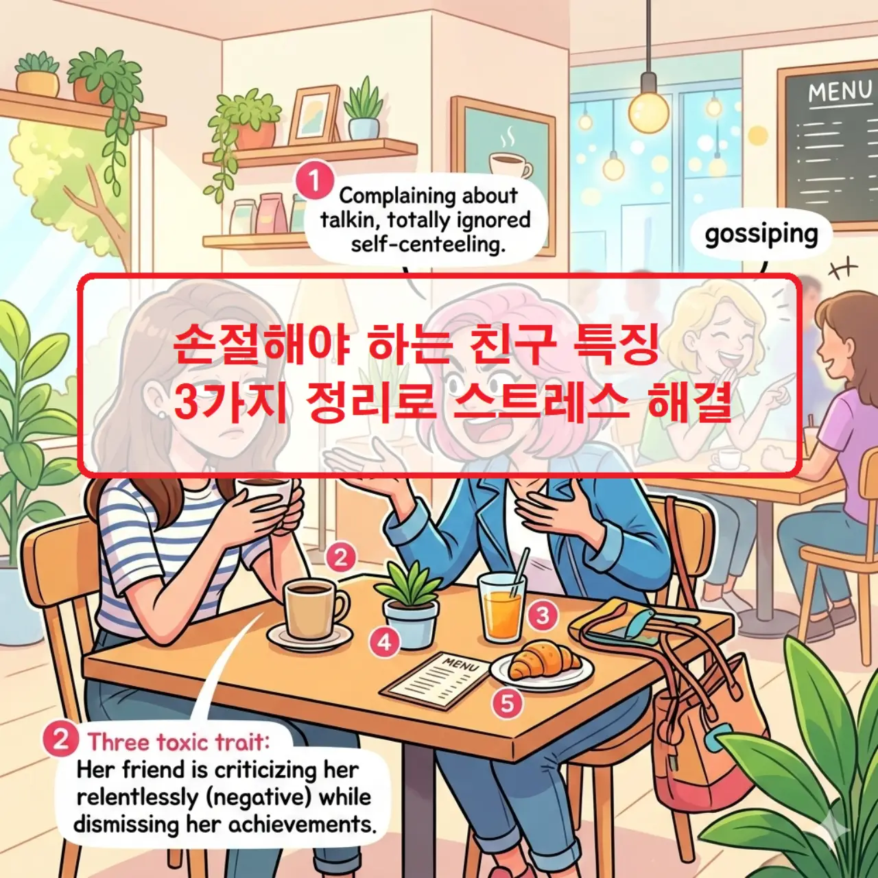 손절해야 하는 친구 특징 3가지를 정리하여 대인관계 스트레스를 해결하는 방법을 설명하는 이미지