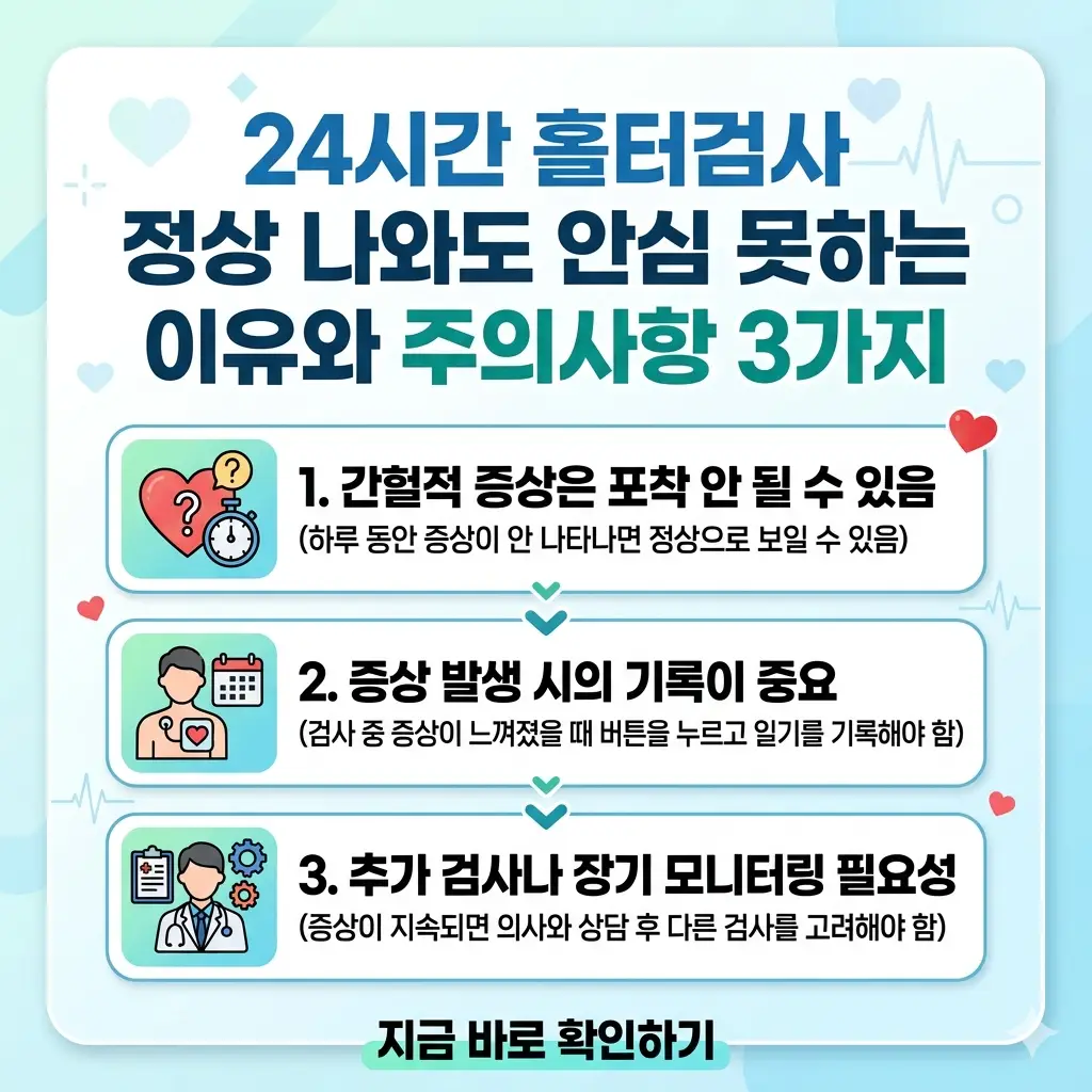 24시간 홀터검사 정상 소견 후에도 주의가 필요한 이유와 핵심 주의사항 3가지를 설명하는 인포그래픽 썸네일.