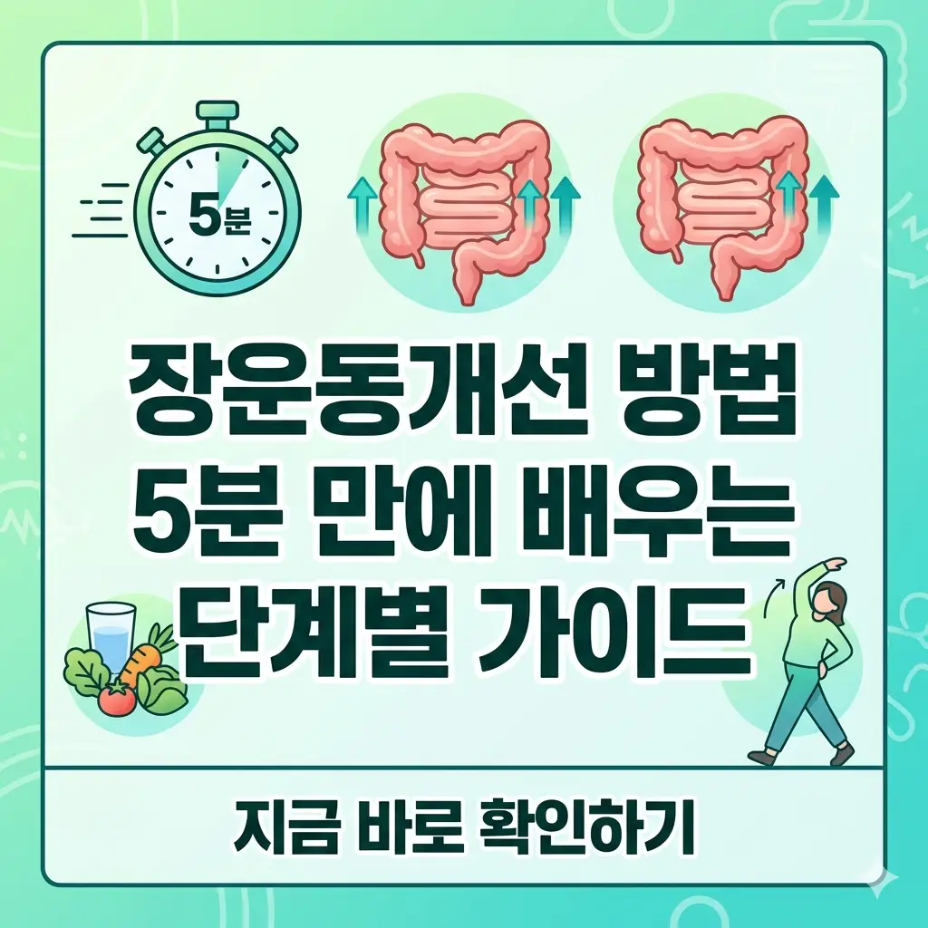 시계와 소화기관 아이콘을 배경으로, '5분 완성 장운동 개선 가이드'라는 크고 명확한 한글 제목과 하단 클릭 유도 문구가 있는 1:1 비율의 정보성 썸네일 이미지.