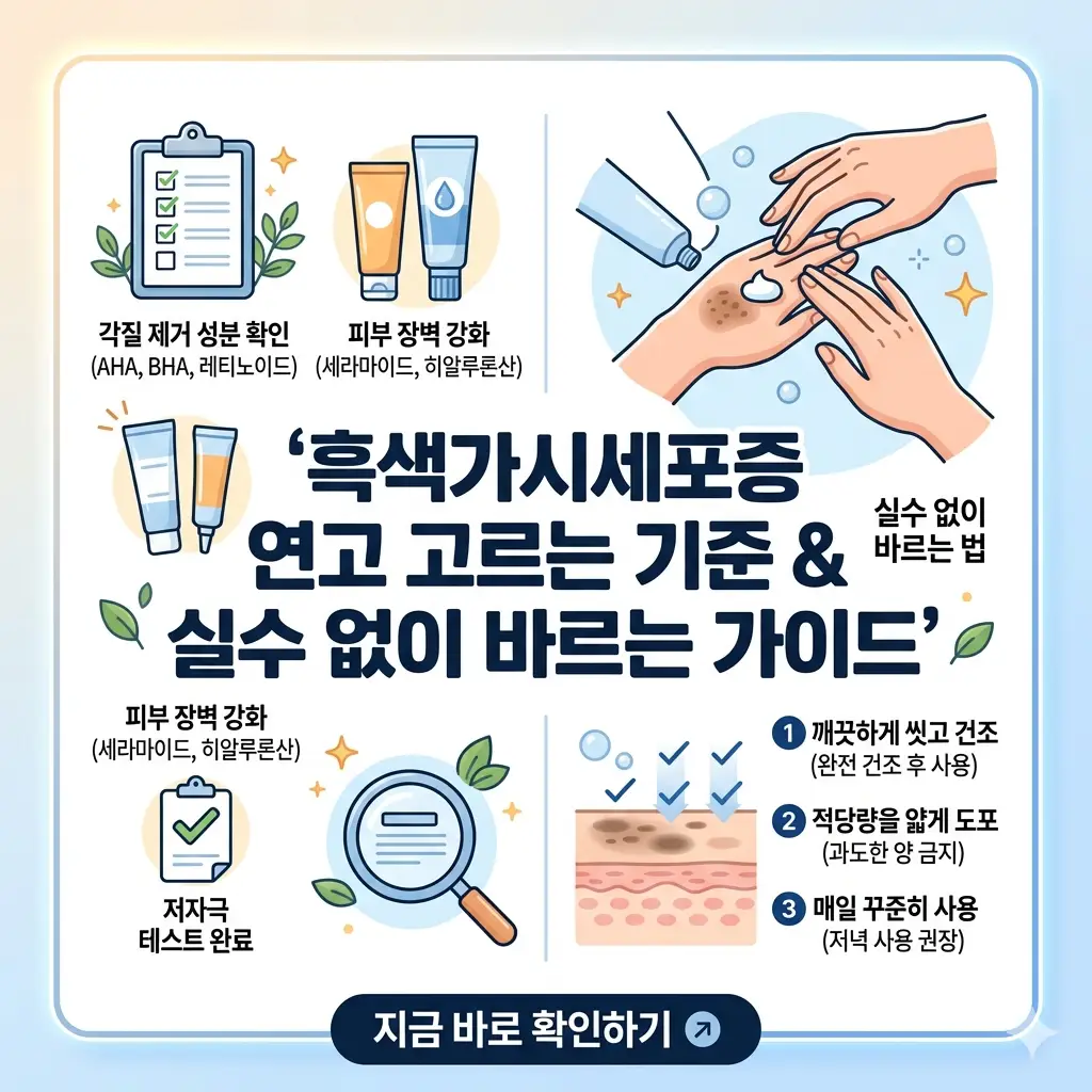 흑색가시세포증 연고 선택 기준(각질 제거, 보습)과 올바른 사용법(깨끗이 씻고 얇게 도포)을 설명하는 인포그래픽 썸네일.