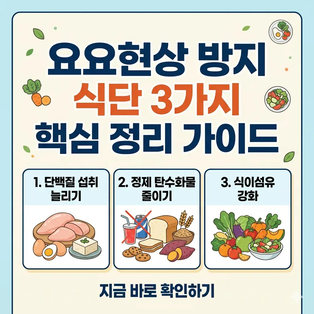 요요현상을 방지하는 3가지 핵심 식단 수칙(단백질 섭취, 정제 탄수화물 줄이기, 식이섬유 강화)을 정리한 1:1 비율의 정보성 썸네일 이미지입니다.