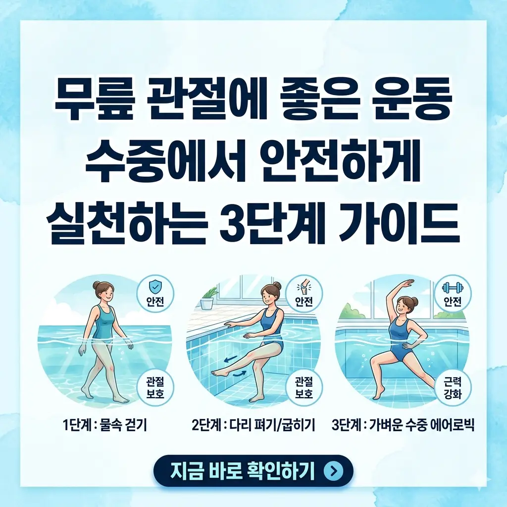 수중에서 안전하게 하는 무릎 관절 운동 3단계를 설명하는 썸네일 이미지.
