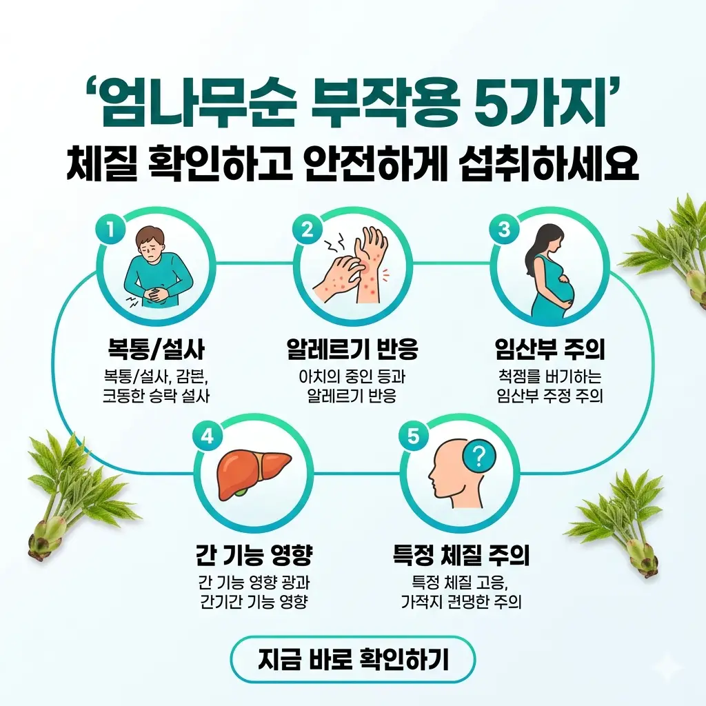 엄나무순 5가지 부작용 예방을 위한 체질 확인 정보가 담긴 정사각형 썸네일 이미지.