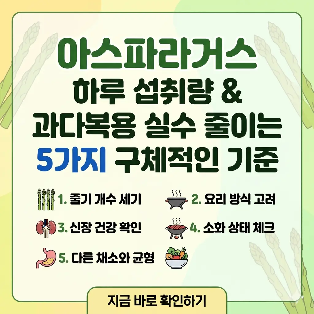 아스파라거스 하루 권장 섭취량과 과다복용을 막는 5가지 기준을 시각화한 1:1 포스터.
