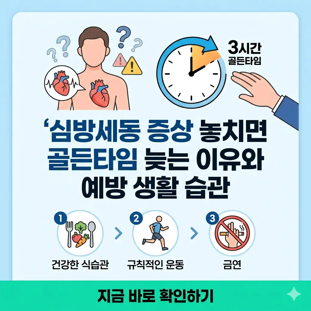 심방세동의 주요 증상을 시각화하고, 빠른 대처와 예방 습관이 골든타임을 지키는 핵심임을 강조하는 1:1 비율의 정보성 썸네일 이미지입니다.