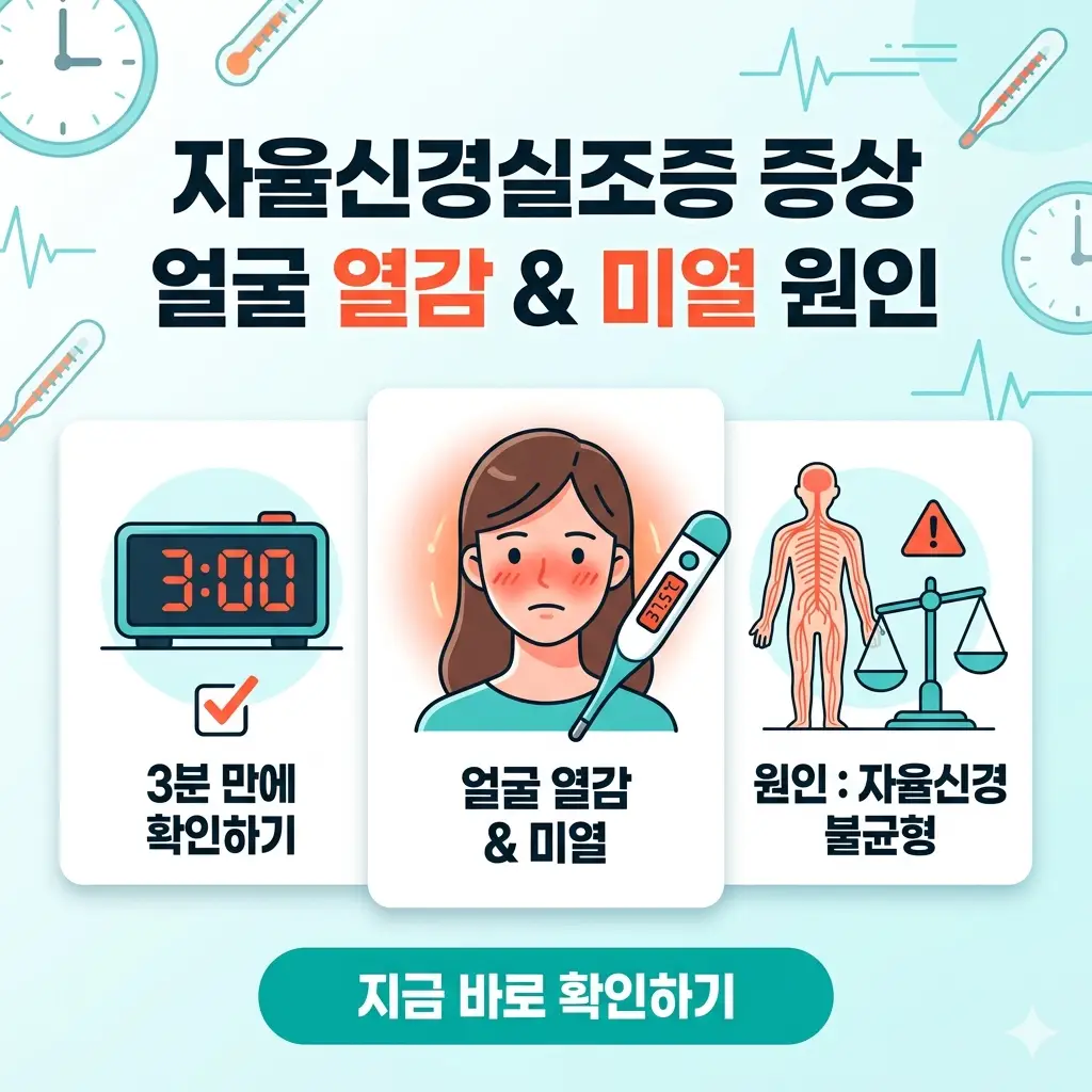 시계, 온도계, 얼굴 열감을 느끼는 여성 일러스트와 자율신경실조증 증상 확인 텍스트가 포함된 1:1 비율의 정보성 썸네일 이미지.