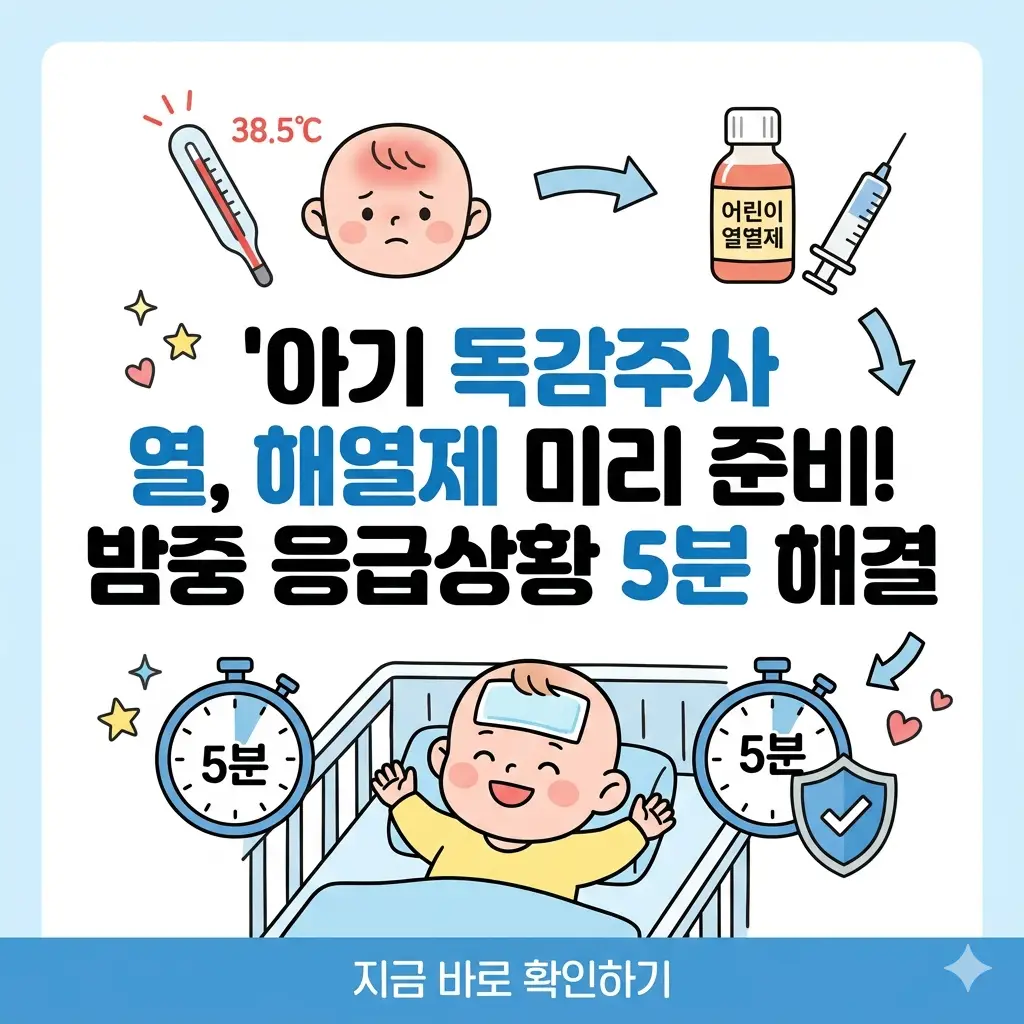 아기 독감주사 접종 후 열이 날 때 해열제를 미리 준비하여 응급상황에 대처하는 방법을 설명하는 썸네일 이미지입니다.
