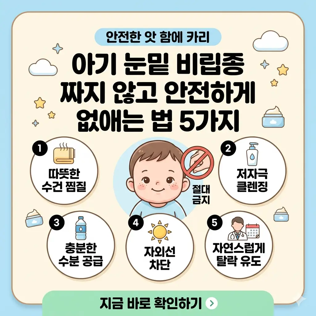 아기 눈밑 비립종을 집에서 안전하게 관리하는 5가지 방법을 설명하는 인포그래픽 포스터.
