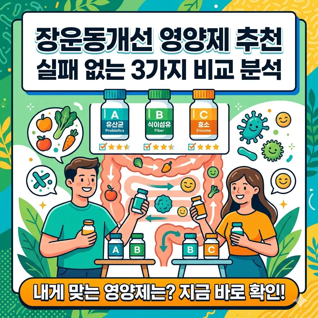 장 건강을 위해 장운동개선 영양제 세 가지 제품을 꼼꼼하게 비교 분석한 정보성 썸네일 이미지