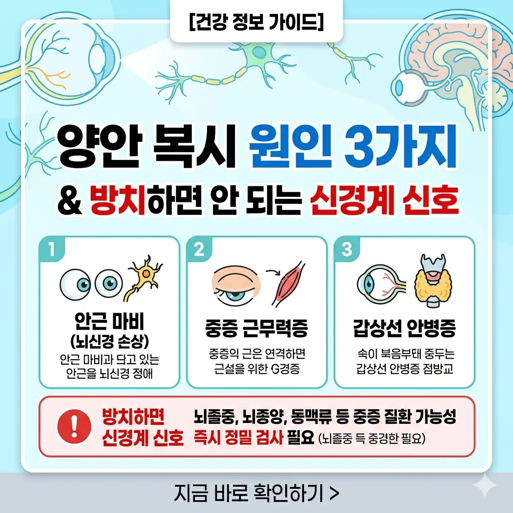 양안 복시의 3가지 주요 원인과 위험한 신경계 신호를 경고하는 정보성 썸네일 이미지입니다.