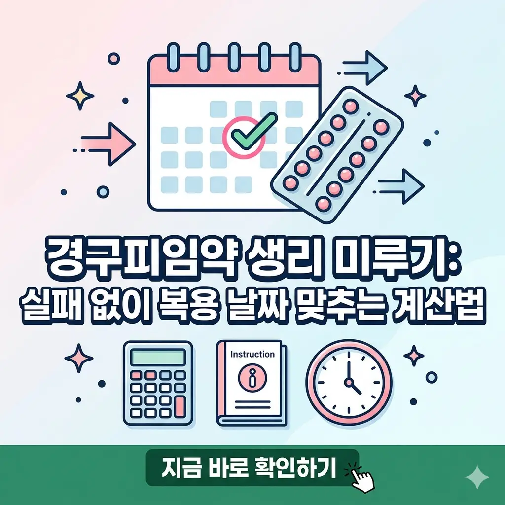 경구피임약으로 생리를 미루기 위한 정확한 복용 날짜 계산법을 알려주는 정보성 썸네일 이미지입니다.