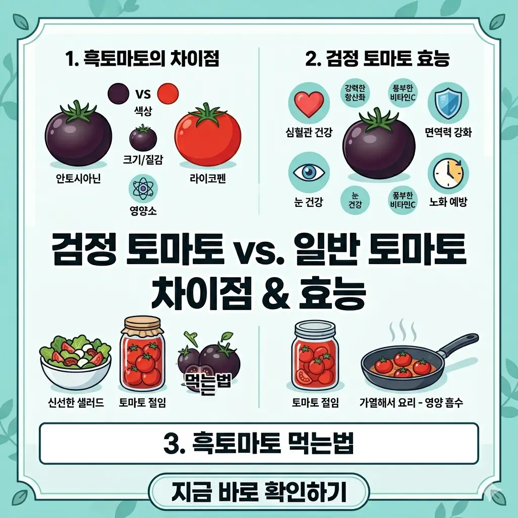일반 토마토와 다른 검정 토마토(흑토마토)의 차이점, 건강 효능, 올바른 섭취 방법을 한눈에 비교 요약한 밝은 톤의 정보 인포그래픽 포스터.
