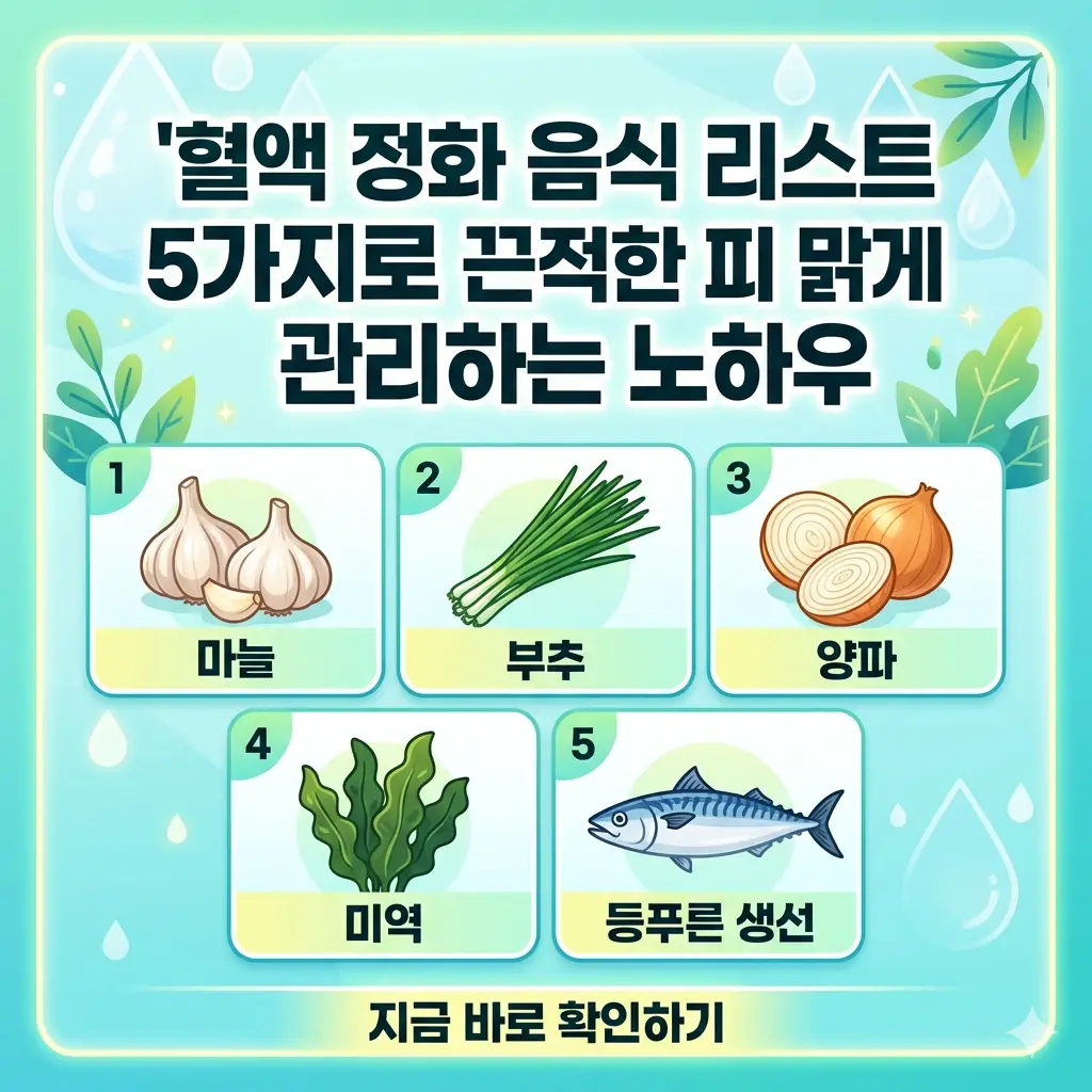 혈액 정화에 좋은 5가지 음식 리스트와 피를 맑게 관리하는 노하우를 담은 정보성 썸네일 이미지.