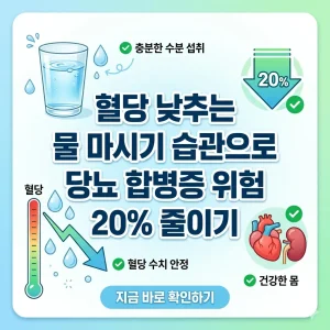 혈당 낮추는 물 마시기 습관으로 당뇨 합병증 위험을 20% 줄이는 방법을 설명하는 정보성 썸네일 이미지.