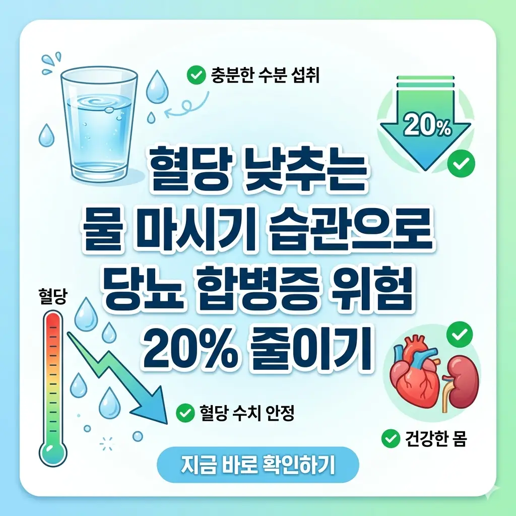 혈당 낮추는 물 마시기 습관으로 당뇨 합병증 위험을 20% 줄이는 방법을 설명하는 정보성 썸네일 이미지.