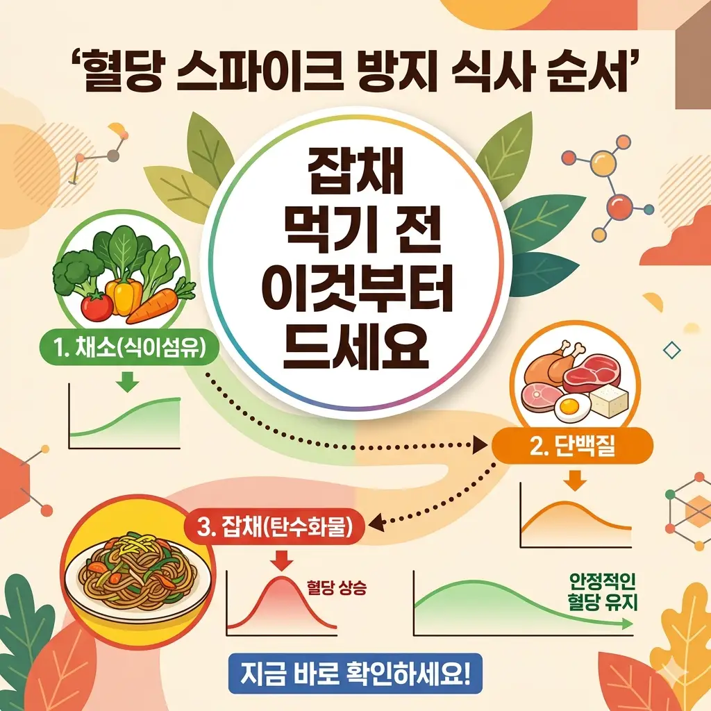 잡채를 먹기 전 혈당 스파이크를 방지하기 위해 채소와 단백질을 먼저 섭취하는 올바른 식사 순서를 설명하는 인포그래픽 이미지.