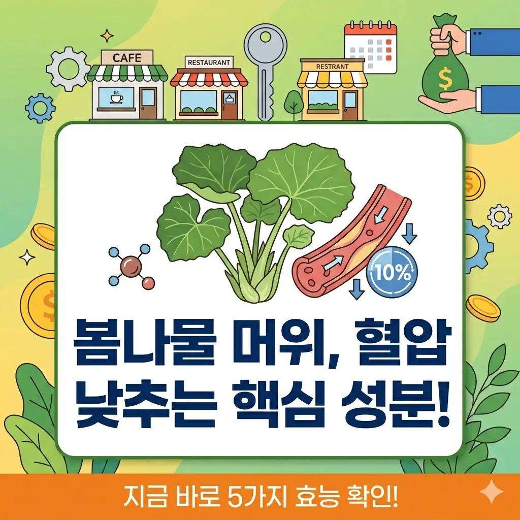 봄나물 머위의 성분이 고혈압 완화에 미치는 핵심 이유와 효능을 설명하는 건강 썸네일 이미지