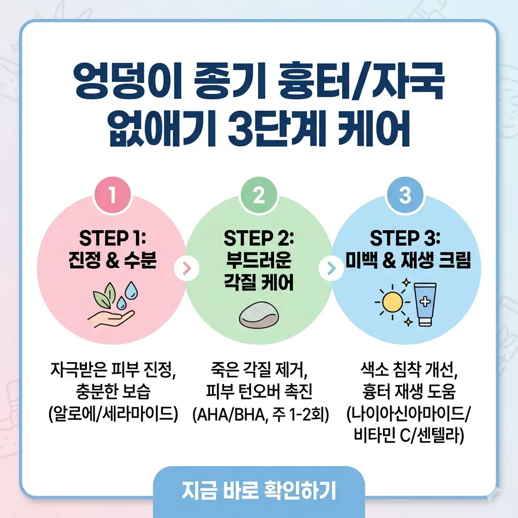 엉덩이 종기 흉터와 시커먼 자국을 없애기 위한 단계별 재생 케어 과정을 보여주는 인포그래픽 포스터.