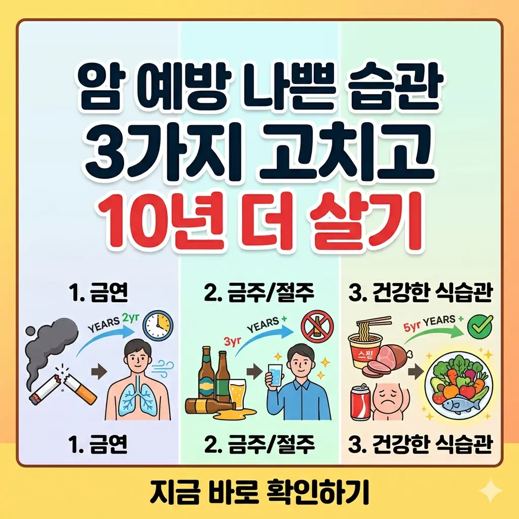 어두운 습관(담배, 술, 가공육)에서 밝은 습관(채소, 운동, 건강)으로 변하며 10년 더 사는 것을 표현한 1:1 이미지입니다.