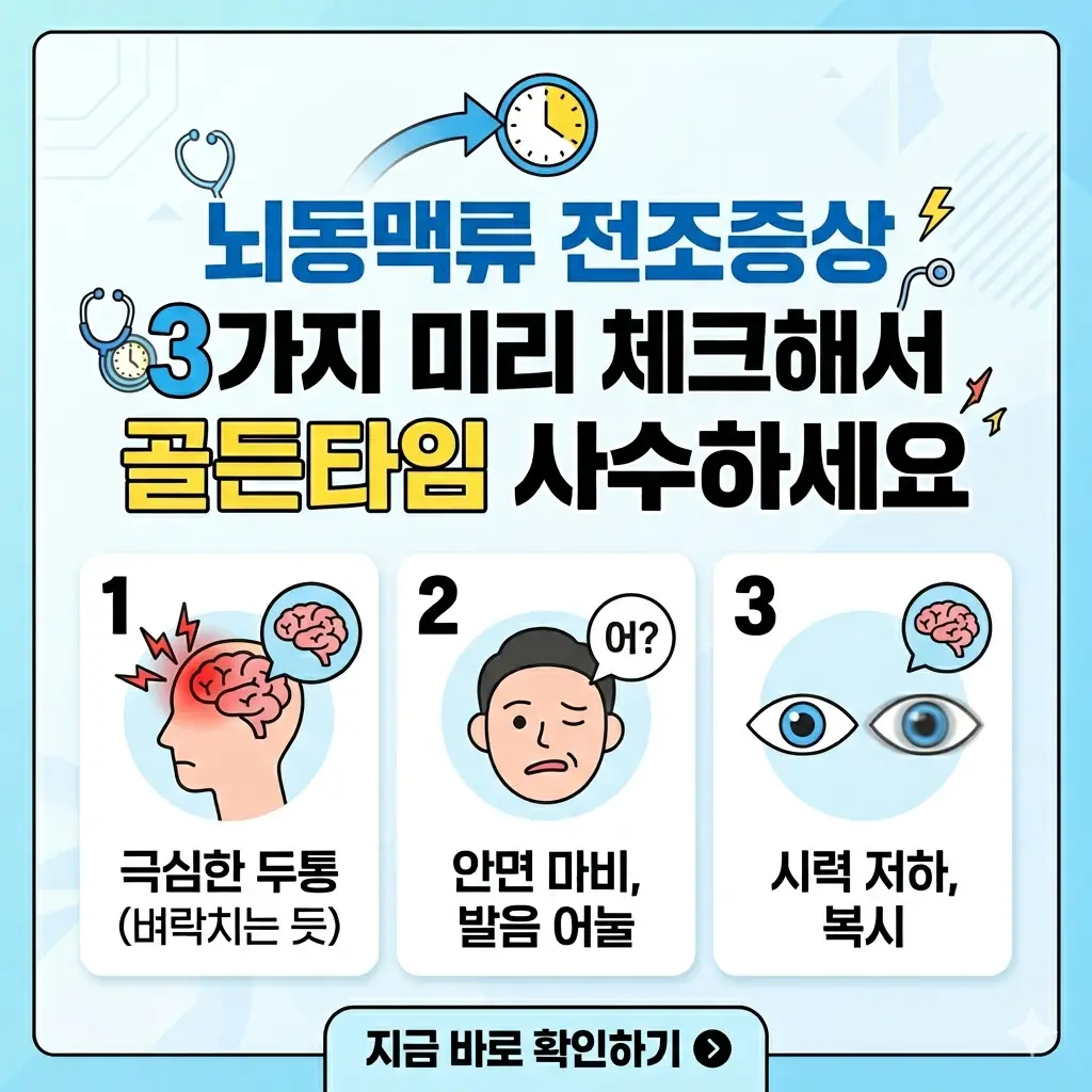 뇌동맥류의 3가지 주요 전조증상(극심한 두통, 안면 마비, 시력 저하)과 대처법을 요약한 1:1 비율의 포스터 스타일 이미지.