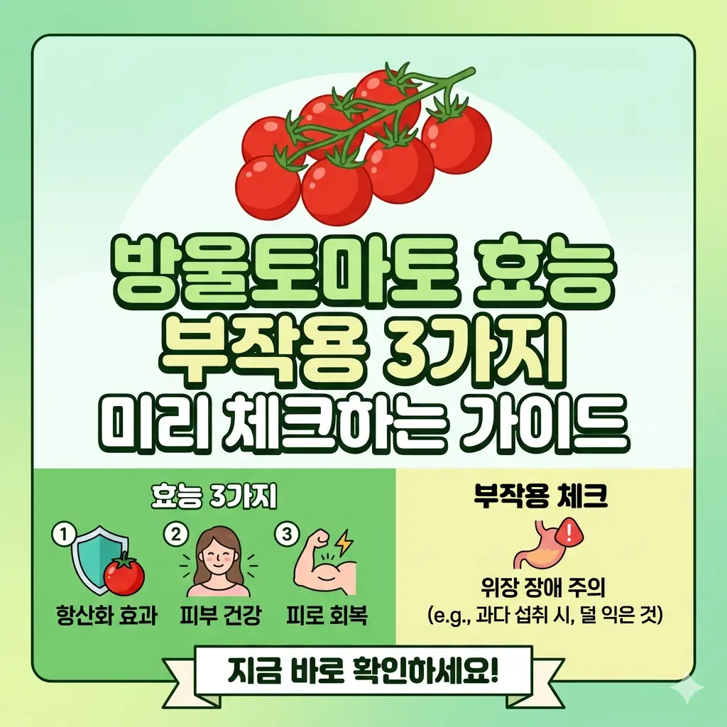 방울토마토의 주요 효능 3가지와 부작용 가이드를 요약한 정사각형 썸네일 포스터 이미지입니다.