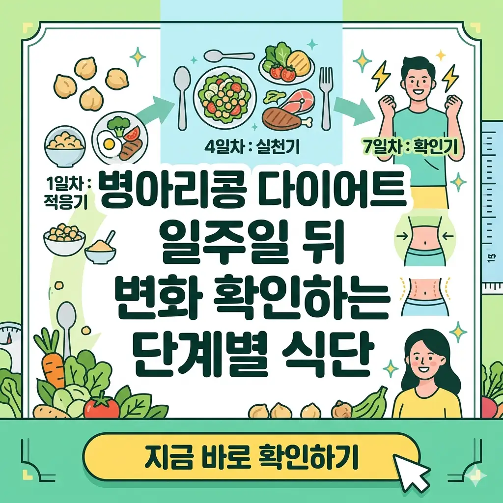 병아리콩 다이어트 1주일 후 변화를 확인하는 단계별 식단 정보를 담은 카드뉴스 형태의 1:1 썸네일 이미지.